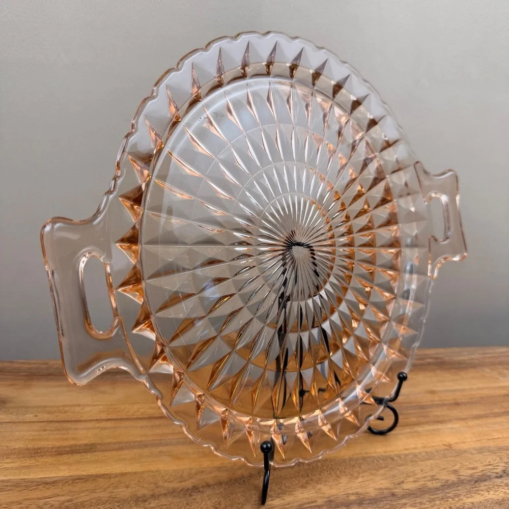 Jeanette Windsor Pattern Pink Depression Glass Cake Plate Handle Platter